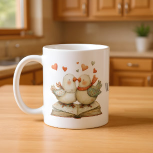 Frohen Valentinstag Süße Liebesvögel auf Buch Kaffeetasse