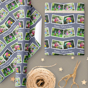 Frohen Vatertag 4 Foto-Collage-Muster Blau Geschenkpapier