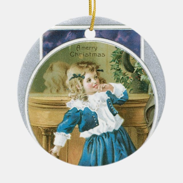 "Frohen Weihnacht-" Mädchen im Blau Keramik Ornament (Vorne)