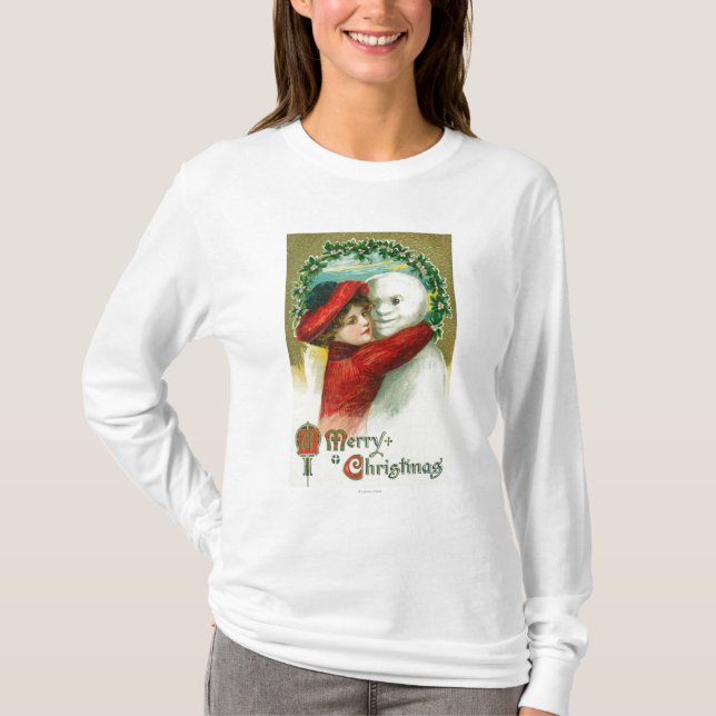 Frohen Weihnachten, die Schneemann-Szene umarmen T-Shirt (Vorderseite)