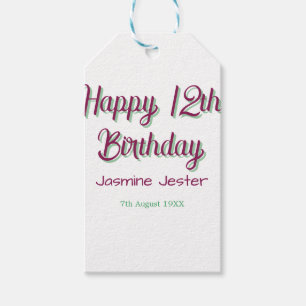 froher 12. Geburtstag grün pink Name Datum einfach Geschenkanhänger