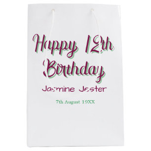 froher 12. Geburtstag grün pink Name Datum einfach Mittlere Geschenktüte