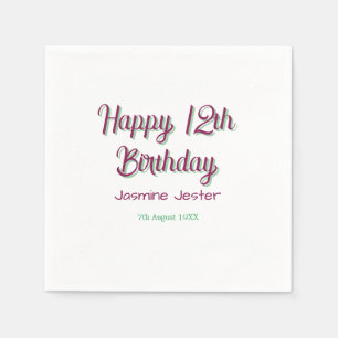 froher 12. Geburtstag grün pink Name Datum einfach Serviette