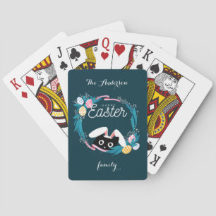 Froher Ostern Kranz, schwarze Katze mit Hasenohren Spielkarten