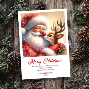 Froher Weihnachtsgruß mit strahlendem Santa und Ru Feiertagskarte