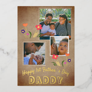 Frohes 1. Vatertag Daddy Flower 3 Foto Gold Folien Feiertagskarte
