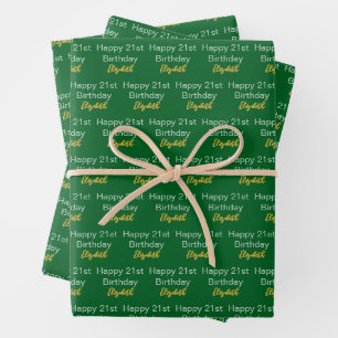 Frohes 21. Geburtstagskript Name Grün Weiß Gold Geschenkpapier Set