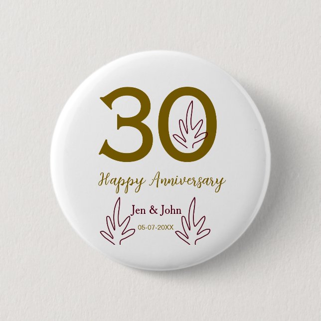 Frohes 30. Jubiläum Name Datum goldenes rotes Blat Button (Vorderseite)