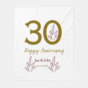 Frohes 30. Jubiläum Name Datum goldenes rotes Blat Fleecedecke