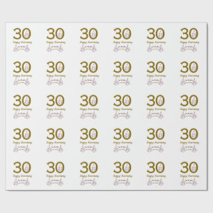 Frohes 30. Jubiläum Name Datum goldenes rotes Blat Geschenkpapier