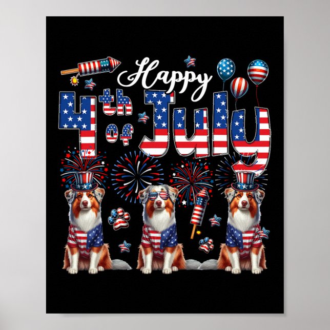 Frohes 4. Juli Drei süße Australian Shepherds  Poster (Vorne)