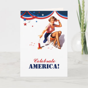 Frohes 4. Juli. Retro Pin-up Karte