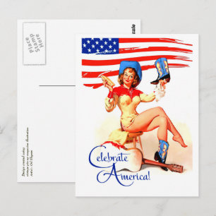 Frohes 4. Juli. Retro Pin-up Postkarte