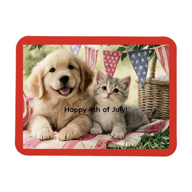 Frohes 4. Juli, süßer Welpe und getigerte Katze, Magnet (Horizontal)