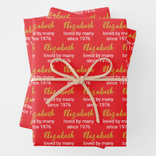 Frohes 50. Geburtstag Name Gold Weiß und Hellrot Geschenkpapier Set