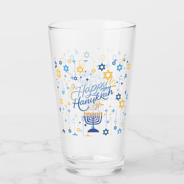 Frohes Chanukka Blau Und Gold Glas (Vorderseite)