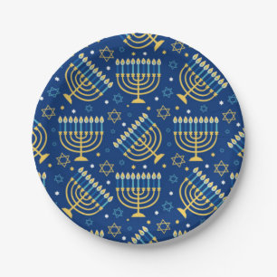 Frohes Chanukka jüdischer Stern Menora blaue Papie Pappteller