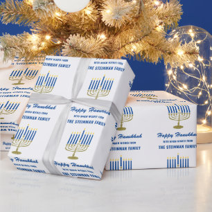 Frohes Chanukka Menora Weiß Blau Gold Familienname Geschenkpapier