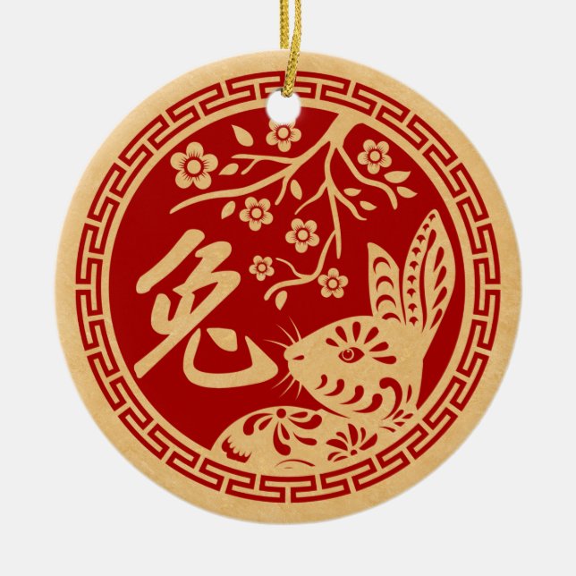 Frohes chinesisches Neujahr des Kaninchens 2023 Keramik Ornament (Vorne)