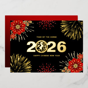 Frohes chinesisches Neujahr des Pferdes in Schwarz Folien Feiertagskarte