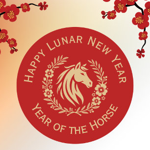 Frohes chinesisches Neujahr des Pferdes Kranz Blum Runder Aufkleber