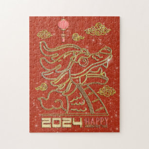 Frohes chinesisches rotes Gold Neujahr des Drachen Puzzle