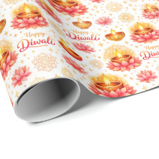 Frohes Diwali — Wasserfarbe Diya & Lotus Geschenkpapier