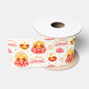 Frohes Diwali — Wasserfarbe Diya & Lotus Satinband