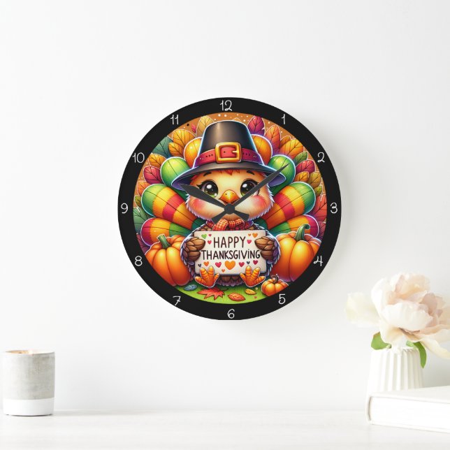 Frohes Erntedankfest Pute  Große Wanduhr (Zuhause)