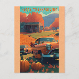 Frohes Erntedankfest Vintage-Auto Orange Kürbis Postkarte
