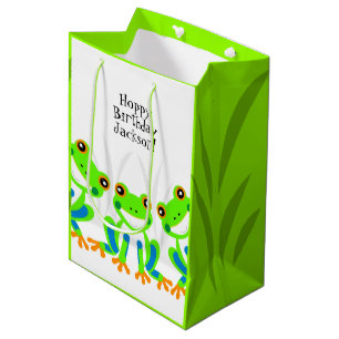 Frohes Geburtstag! Niedliche Grüne Laubfrösche im  Mittlere Geschenktüte