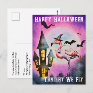 Frohes Halloween Flamingo Fledermäuse Spukschloss Postkarte