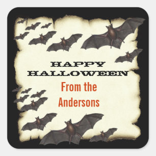 Frohes Halloween Fledermäuse und verbranntes Perga Quadratischer Aufkleber