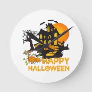 Frohes Halloween Gruseliger Kürbis Spukhaus Männer Runde Wanduhr