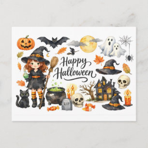 Frohes Halloween Hexe, Katze, Spukhaus und mehr Feiertagspostkarte