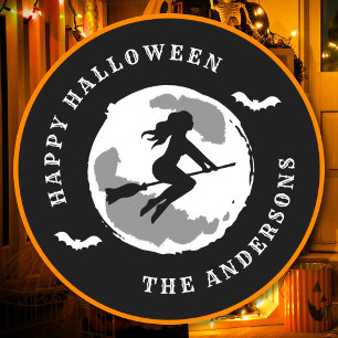 Frohes Halloween Hexe Reitend Besen Benutzerdefini Runder Aufkleber