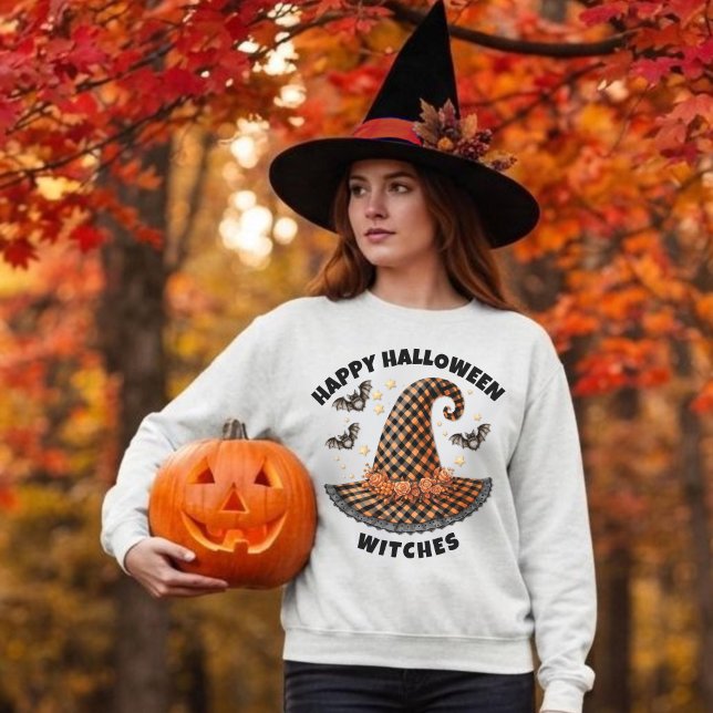 Frohes Halloween Hexenhut Orange & Schwarzer Gingh Sweatshirt (Von Creator hochgeladen)