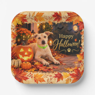 Frohes Halloween Hund Kürbis Herbstlaub Pappteller