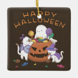 Frohes Halloween: Katzen & Gespenst Keramikornament