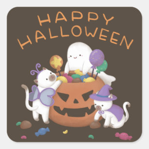 Frohes Halloween: Katzen & Gespenst Quadratischer Aufkleber