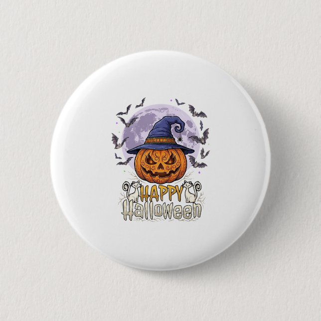 Frohes Halloween Kürbis Hexenhut Fledermäuse Vollm Button (Vorderseite)