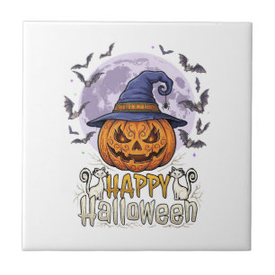 Frohes Halloween Kürbis Hexenhut Fledermäuse Vollm Fliese