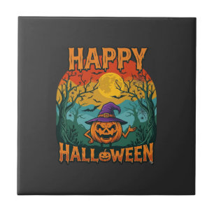 Frohes Halloween Kürbis Hexenhut Vollmond Fledermä Fliese