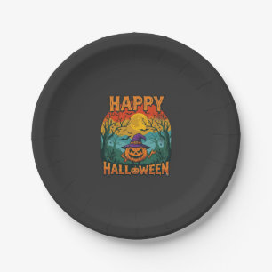 Frohes Halloween Kürbis Hexenhut Vollmond Fledermä Pappteller