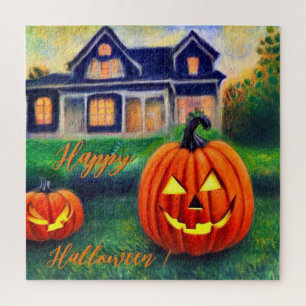 Frohes Halloween - Kürbisse vor einem Haus  Puzzle