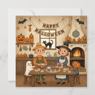 Frohes Halloween Land Familie backt Cupcakes Feiertagskarte