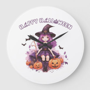 Frohes Halloween Lila Hexen Kürbisse & Fledermäuse Große Wanduhr