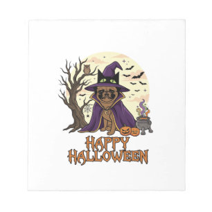 Frohes Halloween Mops Hexenhut Kessel Kürbisse_1 Notizblock
