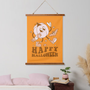 Frohes Halloween Retro gepunkteter Kürbis Wandteppich Mit Holzrahmen