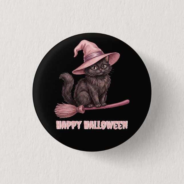Frohes Halloween schwarze Hexenkatze Button (Vorderseite)